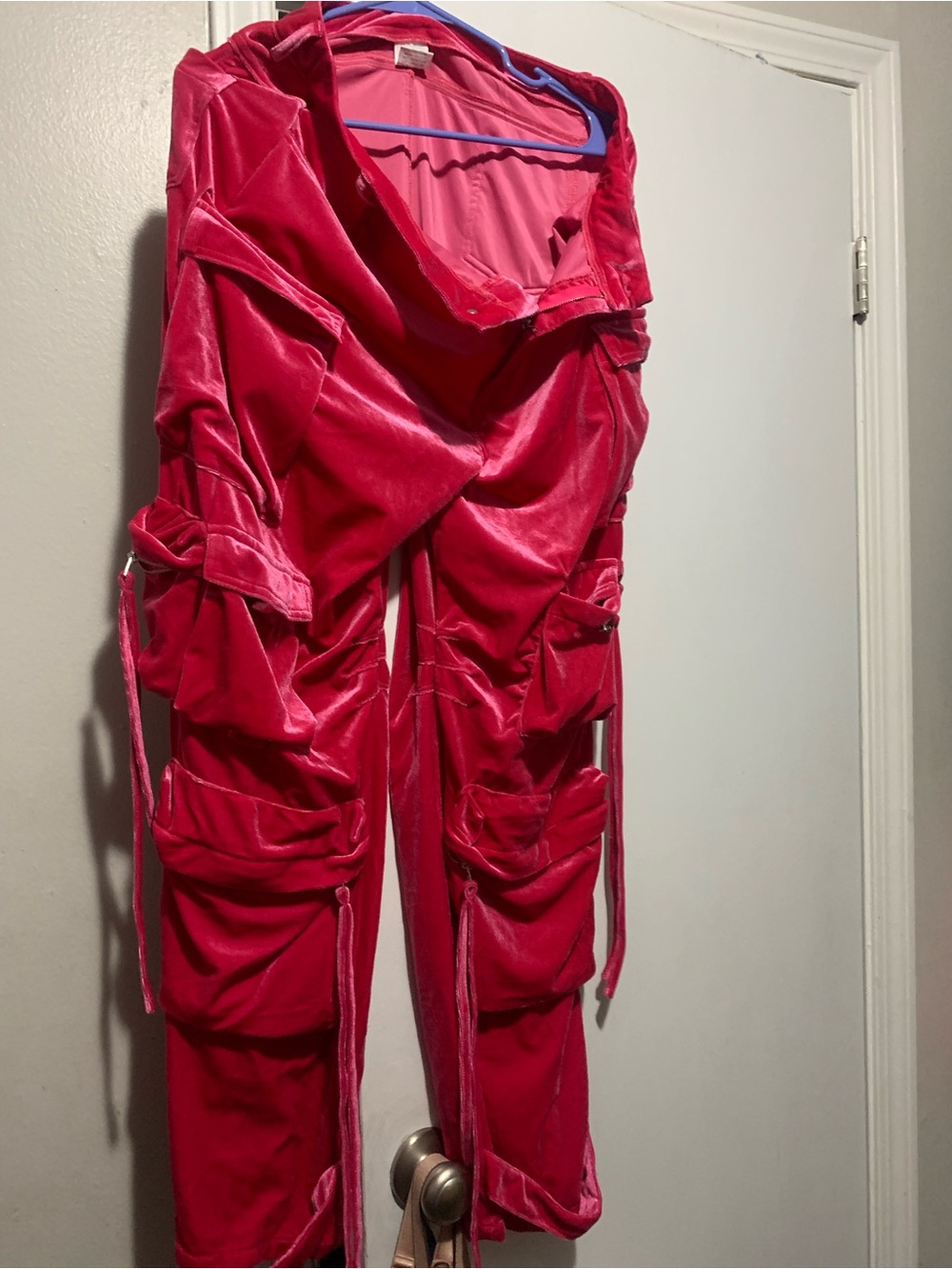 Velvet Cargo Jogger Pants - Hot Pink
